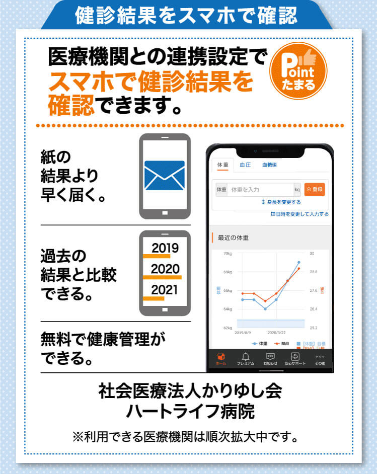 医療機関との連携設定でスマホで健診結果を確認できます。